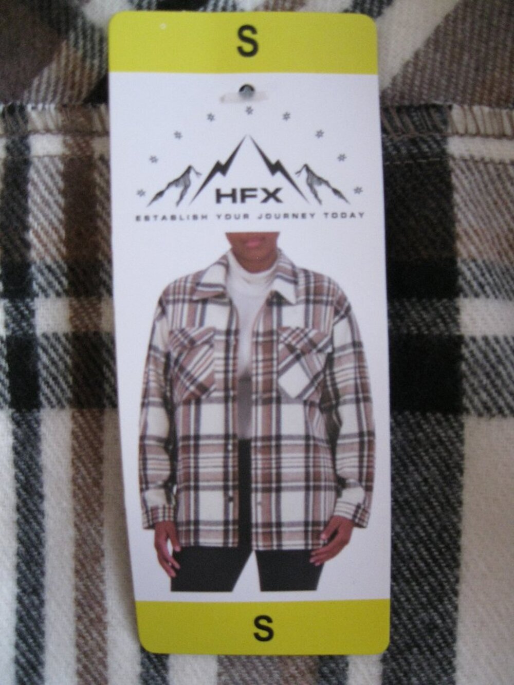 HFX Ladies' Plaid Shirt Jacket relaxed fit drop shoulder pockets Brown, XS or S
